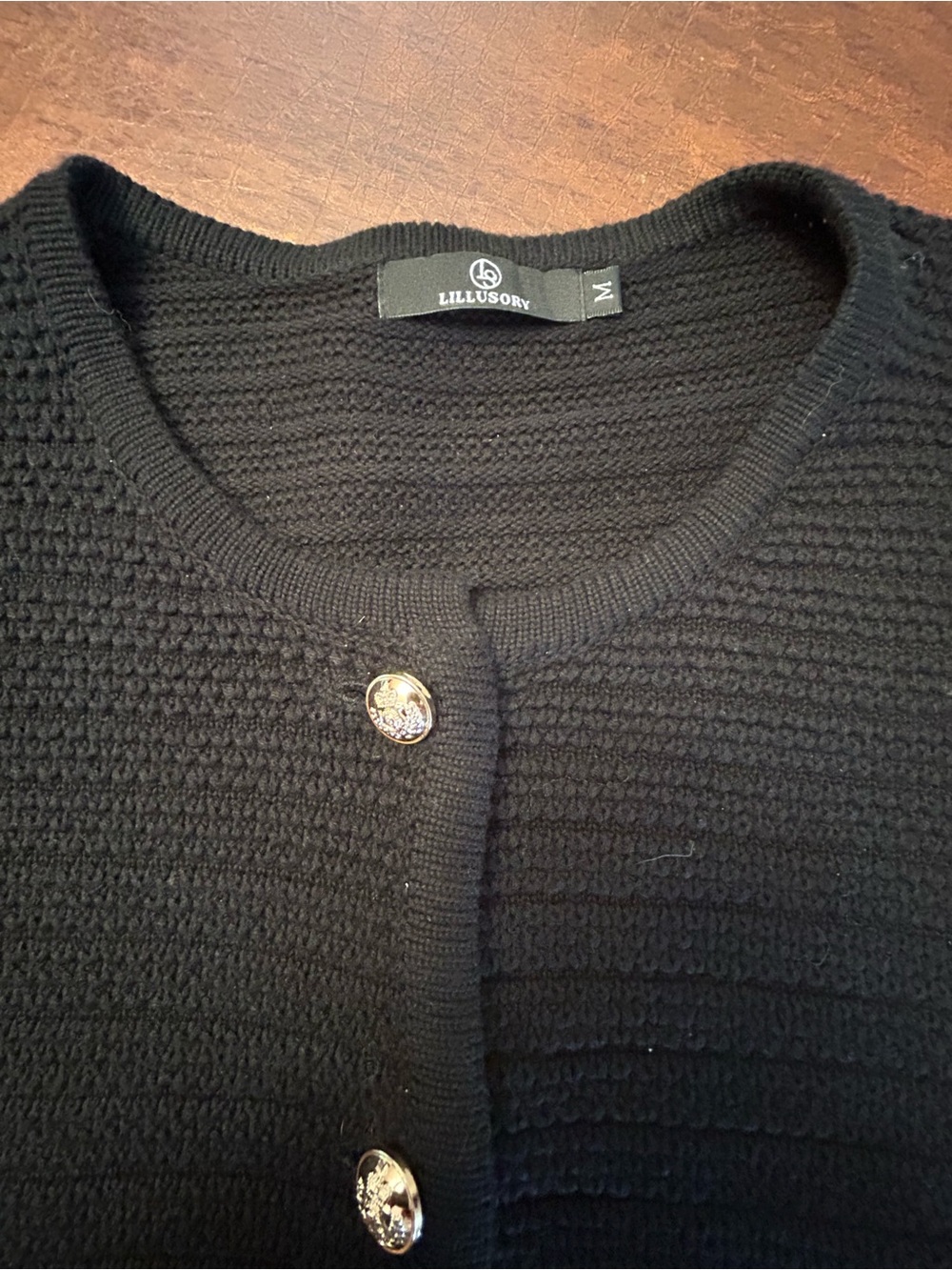Lillusory Woman’s Black Knit Button-Up Cardigan with Gold Buttons SZ M EUC - Picture 9 of 11